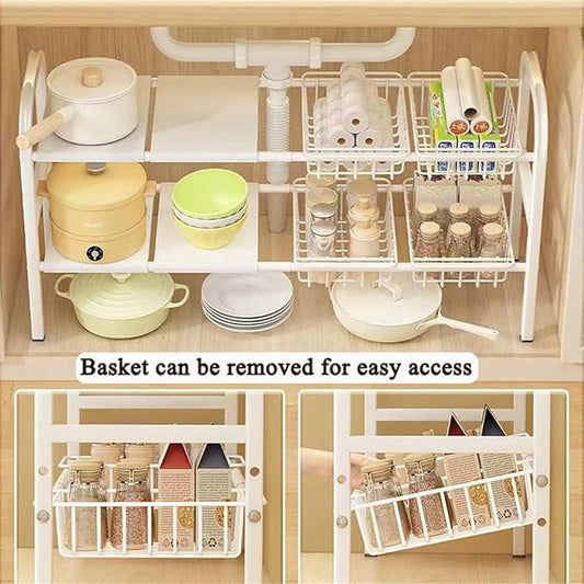 Under Sink Organizers, 2 Tier Stretchable Cabinet Shelf Organizer with 4 Removable Panels and 4 Under Shelf Basket for Under Bathroom Storage,Under Cabinet Shelves,kitchen Sink Storage Rack (white)