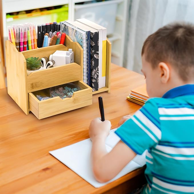 Bamboo Desk Organizer, Multi Use Tabletop Storage Office Supplies with Drawer Pen Holder, 5 Compartments Heavy Duty Desk Accessories for Home Office Organization, No Assembly Required