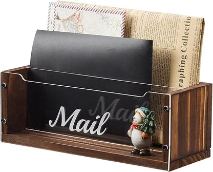 Mail Holder with Clear Acrylic Dividers - 2 Slots Mail Organizer Desktop, Mail Sorter Inside Home and Office, Solid Wood Mail Box for Wall