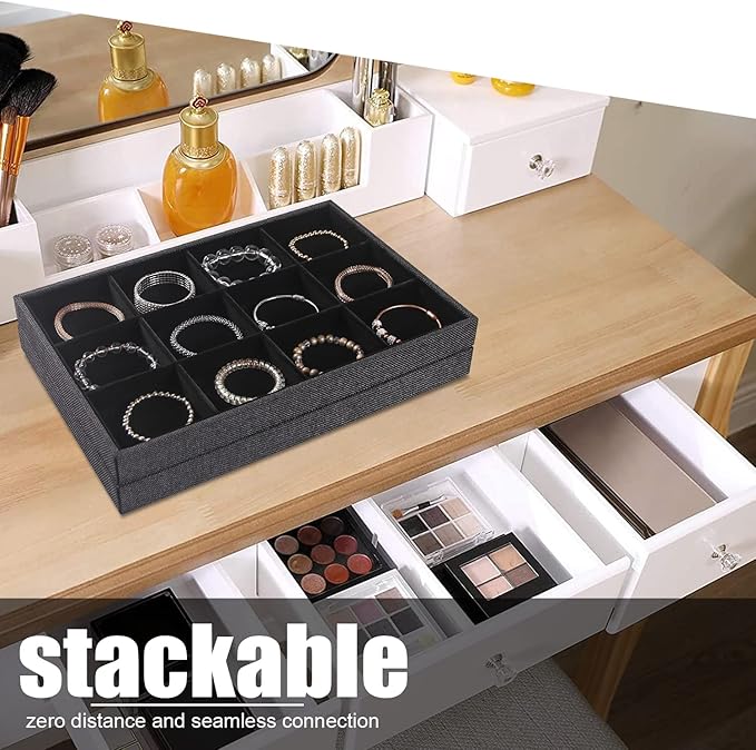 Julysky 2Pcs 12 Grids Stackable Jewelry Organizer Trays for Drawer,Bracelet Holder Box,Necklace Display Stand for Selling