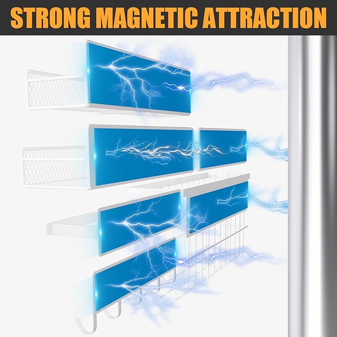 6 Pack Magnetic Shelves for Washing Machine, Magnetic Spice Rack Organizer for Refrigerator, Magnetic Shelf with Hanger Organizer, Metal Magnetic Basket, Laundry Organization and Storage, White
