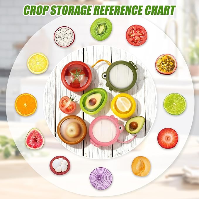 Set of 6 Fresh Food Containers with 1 Fruit Peeler, Fresh Pod, Reusable Silicone Storage Pods for Avocado, Onions, Tomatoes, Garlic – Freshness Seal for Fridge, Send Goods from Local Warehouse