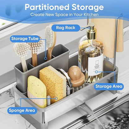 VUSIGN Sponge Holder for Kitchen Sink, Sink Caddy Organizer with Brush Holder, Rustproof Stainless, Self-Draining Sink Organizer for Countertop, Sponges, Brushes, Kitchen Decor and Accessories, Gray