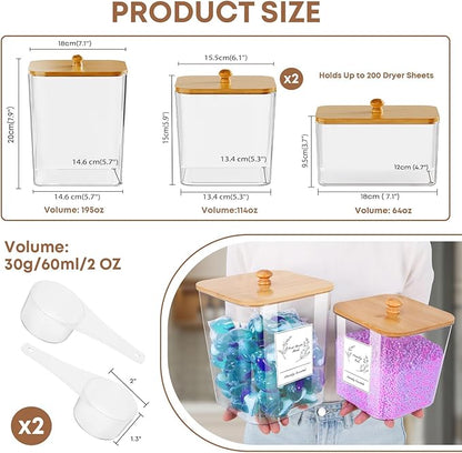 4 Pack Clear Laundry Pods Container & Dryer Sheet Holder, Plastic Square Laundry Room Organization and Storage Jars with Lids, Scoops & Labels for Detergent, Powder, Dryer Balls, Beads