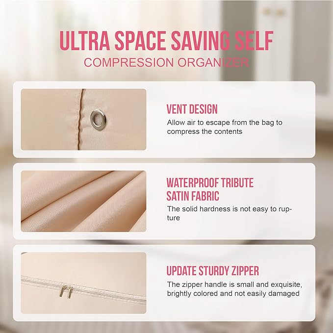 Ultra Space Saving Self Compression Organizer,Packing Cubes,Waterproof And Moisture-Proof,High Capacity,For Blankets Clothes Duvet Comforter（Pink 21.2 * 16.2 * 23.6 In-2pcs）