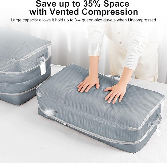 Easortm Comforter Storage Bag - Large Capacity Bedding Storage Bags Ultra Space Saving Self Compression Organizer, Washable Compression Bags for Storage Comforter Blanket Duvet Pillow, 2-Pack, Grey