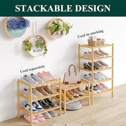 Smiry Small Bamboo Shoe Rack 2-Tier, Stackable Wooden Shoe Organizer for Entryway & Closet, Free Standing Wood Shoe Storage Shelf for Front Door & Small Spaces, Natural