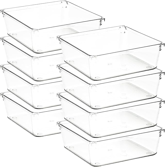 Ravinte Decor 8 Pack Drawer Organizer - 6" X 6" Clear Acrylic Storage Bins with Non-Slip Pads, Versatile Desk Tray for Makeup, Jewelry, Kitchen, Bathroom, and Office Organization