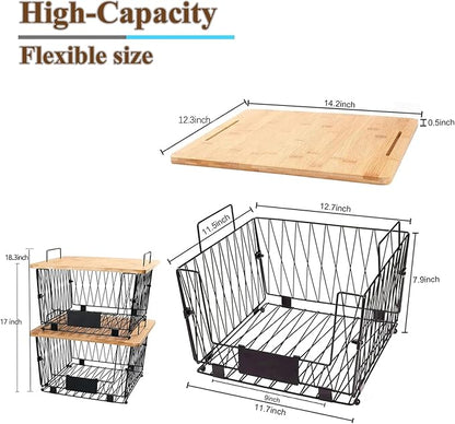 1 Pack Stackable Wire Storage Baskets with Wood Lid- Pantry Cabinet Organization, Kitchen Counter Basket for Fruit Vegetable -Large Metal Bin for Pantry Organization and Storage, Black
