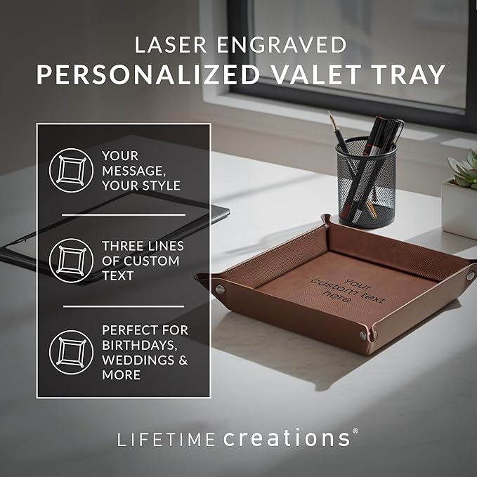 Lifetime Creations Create Your Own Personalized Valet Tray (Brown) - Custom Vegan Leather Snap Catchall, Desk Organizer, Groomsmen Gift