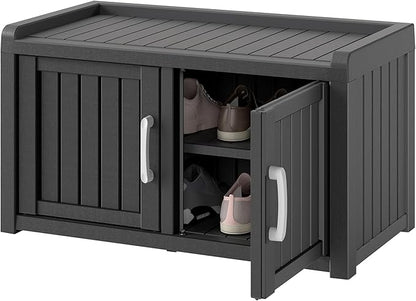 NUNU LAB Shoe Cabinet, Waterproof UV-Resistant Shoe Storage Cabinet with Adjustable Shelves, Entryway Shoe Organizer Bench with 2 Barn Doors for Foyer, Hallway, Living Room, Black