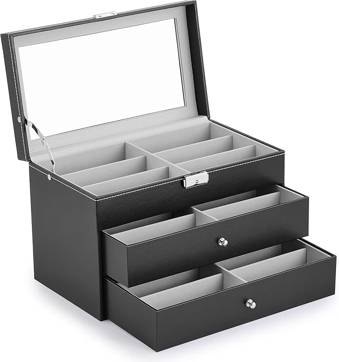 CO-Z Sunglasses Organizer, Leather Eyeglasses Storage Box for Women Men, Lockable Sunglass Display Case Holder with Drawer