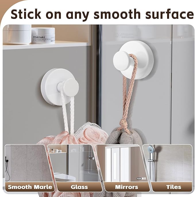 Supopular Reusable Heavy Duty Suction Cup Hooks for Kitchen/Bathroom/Shower - Wet-Proof Hooks for Towels, Robes, Loofah&Wreaths/No Drill Mounting on Glass, Tile, Metal (4, White)