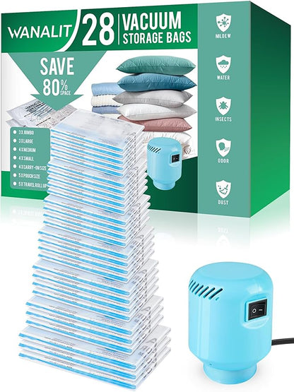 Vacuum Storage Bags with Electric Air Pump, New Air Valve Combo 28 Pack Compression Bag, Space Saving Vacuum Sealer Bag for Clothes, Blanket, Duvets, Pillows, Comforters, Travel, Two Compressing Ways