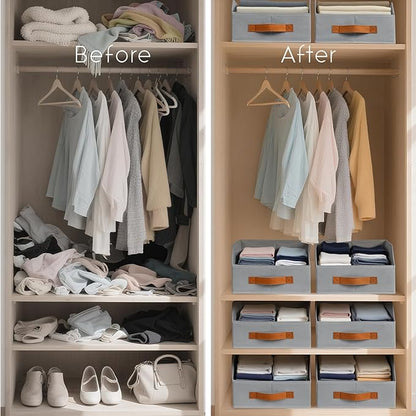 Fabric Storage Bins for Organizing - 6 Pack Large Trapezoid Collapsible Storage Bins with Front Handle, Closet Organizers and Storage for Bedroom, Home Shelves, Small Spaces, Grey