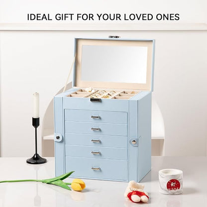 Frebeauty Large Jewelry Box,6-Tier PU Leather Jewelry Organizer,Multi-functional Storage Case with Mirror,Accessories Holder with 5 Drawers for Necklace Bracelets Watches(Sky Blue)