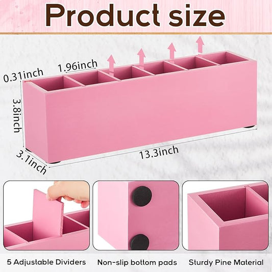 Jetec Wooden Pencil Pen Holder for Desk 6 Compartments Wood Office Desk Organizers for Countertop Adjustable Makeup Brush Organizer Silverware Caddy for Party, Home, Art Supplies(Pink)