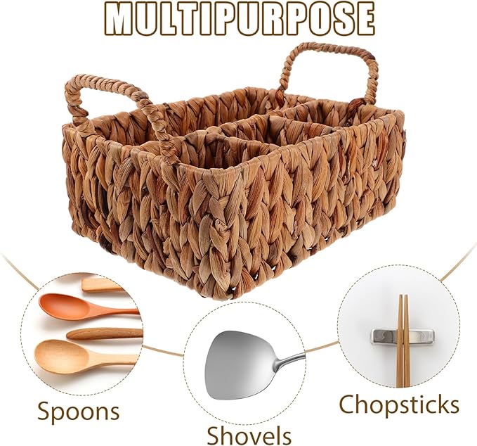 Hyacinth Woven Storage Basket for Cutlery Organization Rustic Tableware Holder for Home Kitchen and Picnics Versatile Sundries Basket with Compartments