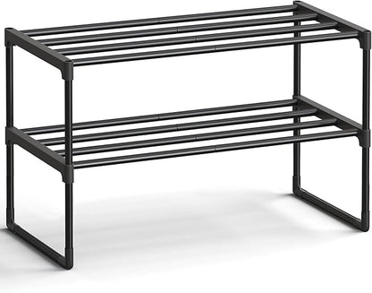 SONGMICS Shoe Rack, 2-Tier Shoe Organizer, Metal Storage Shelf, Upright or Upside Down, for 6-9 Pairs, Stackable, for Entryway, 11.8 x 26.8 x 13.2 Inches, Black ULSA202B01