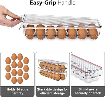 Sorbus Soda Can Organizer for Refrigerator & Egg Holder for Fridge Set, 2 Stackable Can Holder Dispenser Holds 12 Cans Each & 1 Egg Holders with Lid holds 14 eggs for Fridge, Pantry, Freezer, BPA-Free