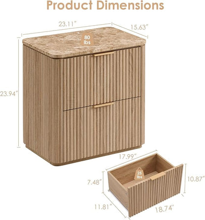 Fluted Nightstand with 2 Drawers, Bedside Table with Faux Marble-Top, Engineered Wood End Table with Curved Corners, Metal Handle, Modern Night Stand for Bedroom, Small Spaces, Natural Oak