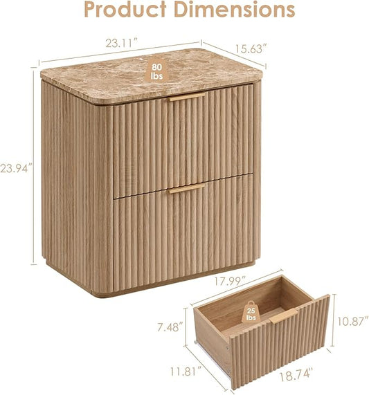 Fluted Nightstand with 2 Drawers, Bedside Table with Faux Marble-Top, Engineered Wood End Table with Curved Corners, Metal Handle, Modern Night Stand for Bedroom, Small Spaces, Natural Oak