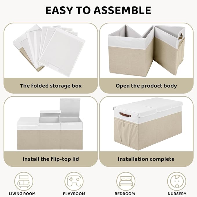 Extra Large Toy Chest,Foldable Storage Box, Large Storage Bins With Lids, Suitable for living rooms, studies, bedrooms(40"X18"X14",White & Beige)