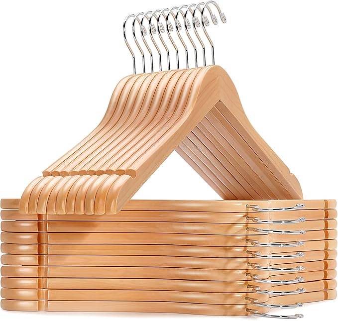 Amber Home 20 Pack Natural Wooden Shirt Hangers, Premiun Wood Coat Hangers Without bar, Clothes Hangers for Jacket, Bridal (Natural, 20)