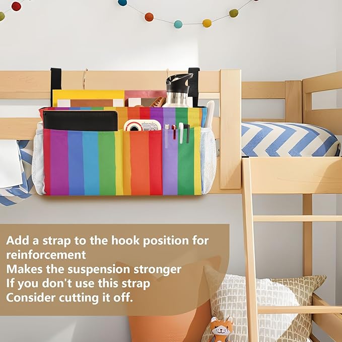 CuwrYet Bedside Caddy Hanging Bunk Bed Caddy Bed Organizer Hanging Pocket with 2 Hooks Bedside Storage Organizer Pocket Bag Holder Vibrant Colorful Stripes