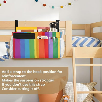 CuwrYet Bedside Caddy Hanging Bunk Bed Caddy Bed Organizer Hanging Pocket with 2 Hooks Bedside Storage Organizer Pocket Bag Holder Vibrant Colorful Stripes