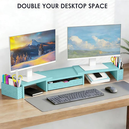 Spacrea Metal Desk Organizers and Accessories, Dual Monitor Stand Riser with Drawer and 2 Pen Holders, Desk Accessories & Workspace Desktop Organizers for Office Supplies (Blue)