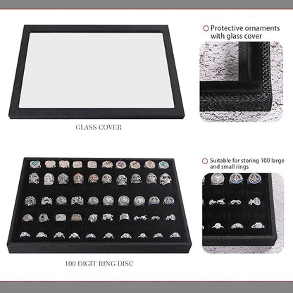 Julysky 4 Pcs/set Stackable Jewelry Organizer Trays with Glass Lid,100 Slots Ring Holder,Bracelet Displays Stand for Selling Necklace Earring Rack