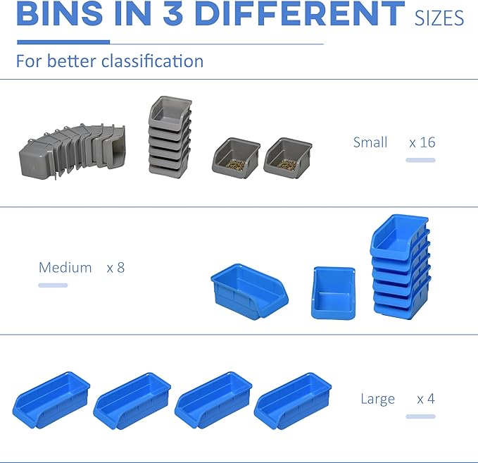 DURHAND Wall Mounted Storage Bins, 44PC Pegboard Tool Organizer Rack Kit Garage Plastic Shop Tool, Blue