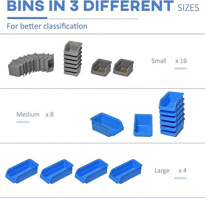 DURHAND Wall Mounted Storage Bins, 44PC Pegboard Tool Organizer Rack Kit Garage Plastic Shop Tool, Blue
