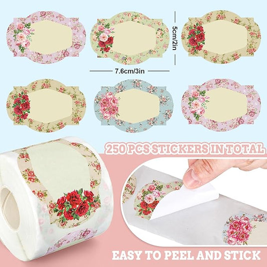 Whaline 250Pcs Vintage Floral Jar Label Stickers Roll Retro Flower Canning Labels Blank Paper Sticker Tags for Family Kitchen Sauce Candy Bottle, 3 x 2 Inch