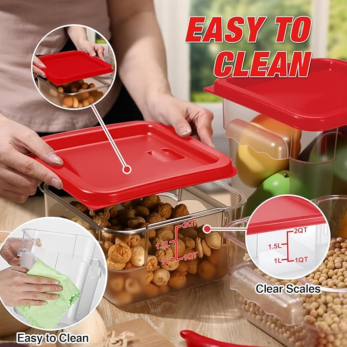 WELKOR Airtight Square Food Storage Containers with Lids 4-Pack, Lock-Tight Seal for Flour, Sugar, Cereal, Keep Food Fresh, BPA-Free Stackable Kitchen Canisters with Measurements (Red, 2QT-4PACK)