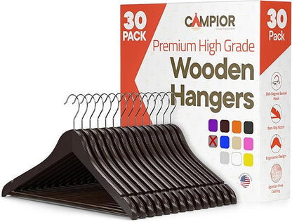 Brown Wooden Hangers 30 Pack – Heavy-Duty with 360° Swivel Hook, Non-Slip, Pants Bar & Shoulder Grooves - Wooden Hangers for Suits, Jackets, Dresses & Camisoles, Space-Saving and Smooth Finish