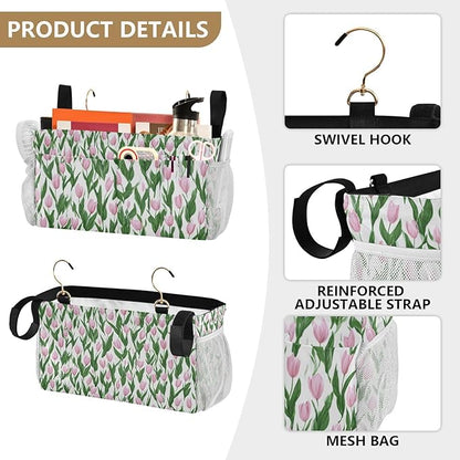 CuwrYet Bedside Caddy Hanging Bunk Bed Caddy Bed Organizer Hanging Pocket with 2 Hooks Bedside Storage Organizer Pocket Bag Holder Small Tulips Pink