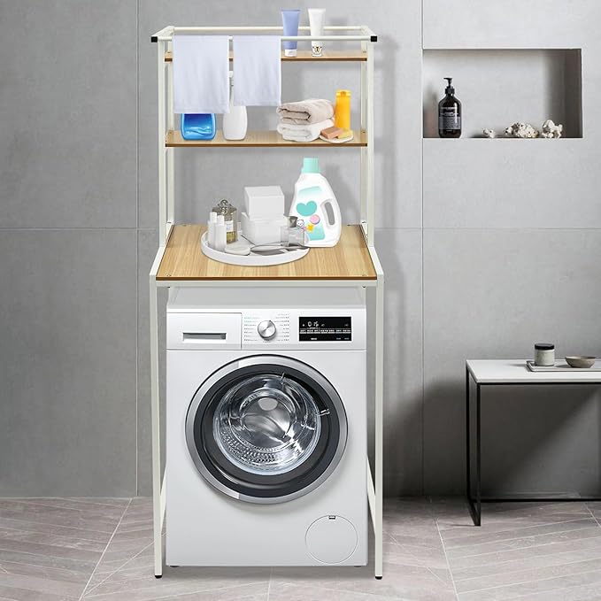 Over The Washer and Dryer Storage Shelf, 3-Tier Bathroom Room Shelf Storage Utility Rack Over The Toilet Washer Dryer Heavy Duty Laundry Room Organizer Bathroom Space Saving Organizer (White+ Log)