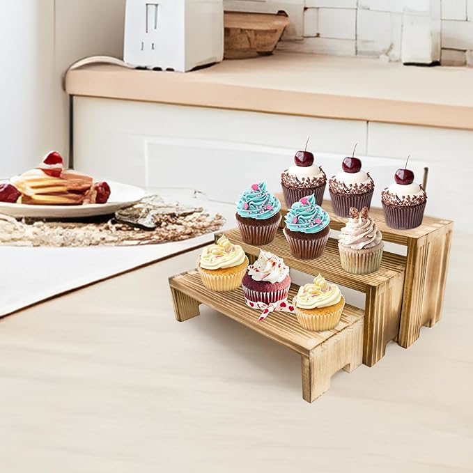 4Set Small Display Riser Wood Risers Wooden Cupcake Stand 3 Tiered 12Pcs Racks Cake Stands Dessert Food Perfume for Vendors Event for Party