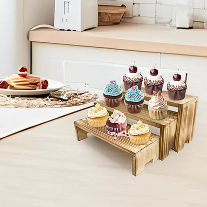 4Set Small Display Riser Wood Risers Wooden Cupcake Stand 3 Tiered 12Pcs Racks Cake Stands Dessert Food Perfume for Vendors Event for Party
