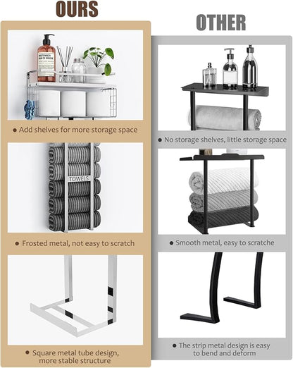 Towel Racks for Bathroom - Wall Mounted Metal Rack with Wood Plank, Bathroom Storage Organizer, Towel Holder Stores 6 Large Rolled Towels Easily, Silver with White Plank