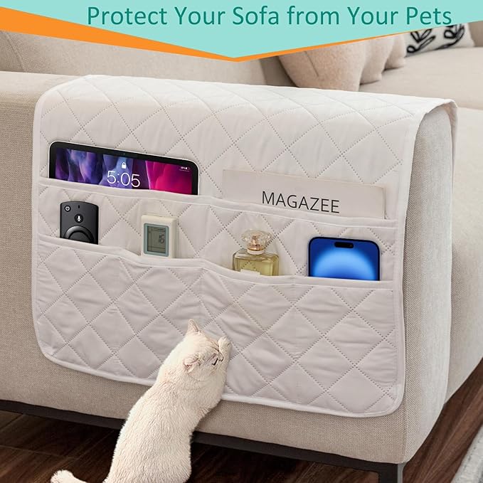 DECKALY Armchair Caddy Remote Control Holder Sofa Organizer, Non-Slip Couch Arm Chair Caddy with 6 Pockets for Tablets,Smart Phone,Books,Pens,Magazines,Ipad (Off-White)
