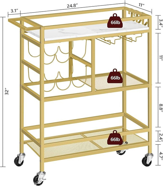 Bar Cart for Home, 3-Tier Serving Cart with Wheels and Handle, Beverage Cart with Wine Rack and Glass Holders, Rolling Wine Cart for Kitchen, Dining Room, Gold and White RCJM6101
