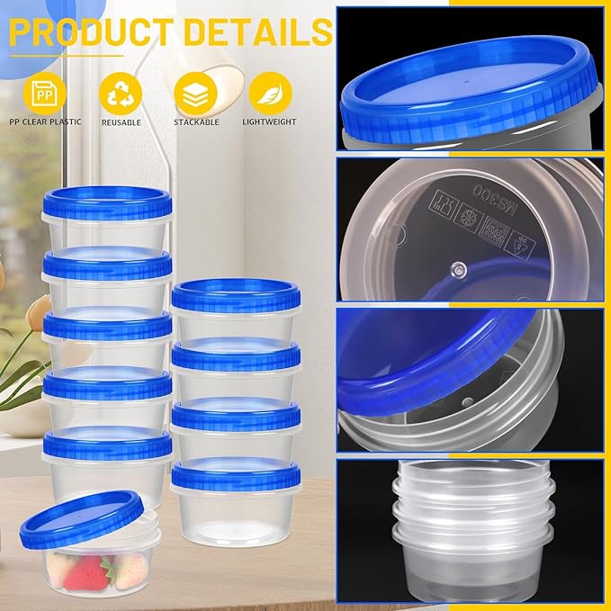 ISUSSER 12 Pack Freezer Containers with Screw On Lids, 8 Oz Stackable Reusable Plastic Storage Container, Airtight Plastic Food Storage Containers with Twist Top Lids for Food Soup Jello Sauce