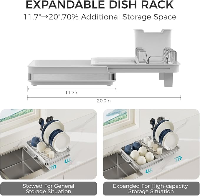 Collapsible dish drying rack,stainless steel foldable dish rack with cutlery holder,multifunctional expandable big capacity dish drainer board,Space Saving extendable dish holder