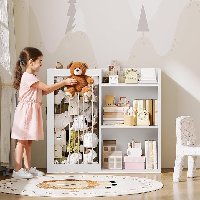 Kids Bookshelf and Toy Storage Organizer, 3 Tier Bookcase for Kids Rooms, Book Shelf with Stuffed Animal Storage, Side Oxford Fabric Pockets, for Playroom, Nursery, Bedroom, White CW02WT