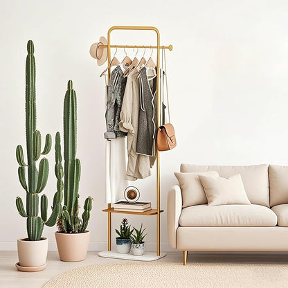 Gold Clothing Rack, Freestanding Coat Rack with Metal Shelves and Natural Marble Base, Small Clothes Stand Organizer for Bedroom, Entryway, Apartment (Gold, 19.7")