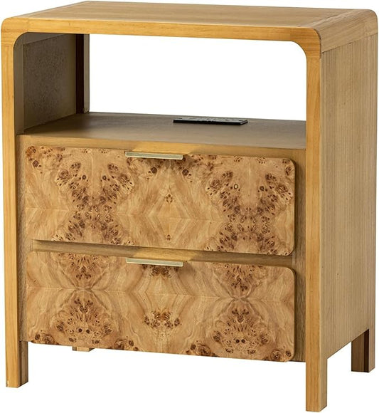 Farmhouse Nightstand with Charging Station, Side Table with Power Outlet and USB & Type C Ports, Wood Bedside Table for Bedroom, Fully Assembled, Rustic, Natural, Burl