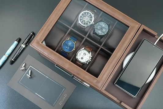 Lifomenz Co Mens Jewelry Box Valet Tray with Drawer and Charging Station Organizer -Brown
